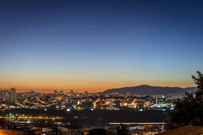 Illuminated cityscape against clear blue sky at night