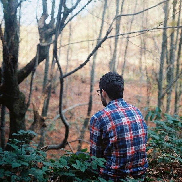 lifestyles, rear view, leisure activity, standing, casual clothing, focus on foreground, men, tree, three quarter length, forest, nature, waist up, person, outdoors, plant, day, field, tranquility