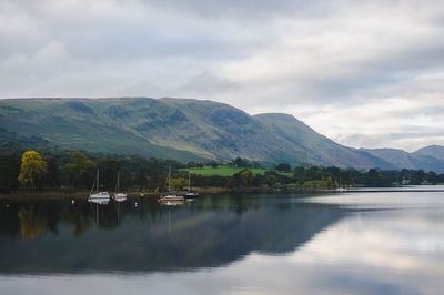 Scenic view of lake and mountains against sky