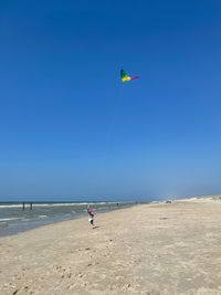 People paragliding over beach against clear blue sky