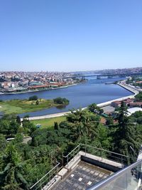 High angle view of river and buildings against clear blue sky