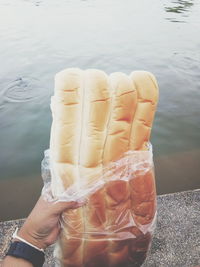 Midsection of person holding ice over lake