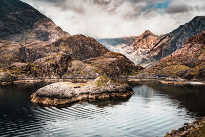 Scenic view of sea and mountain against sky