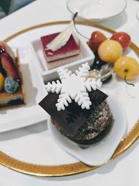 High angle view of cake in plate on table