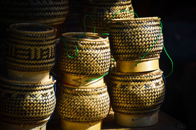 Close-up of stack of wicker basket