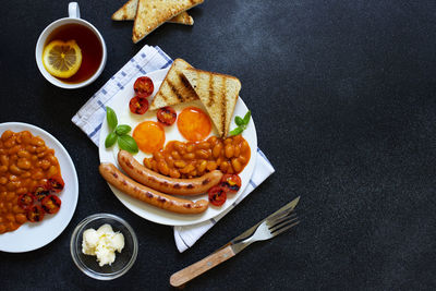 High angle view of breakfast served on table