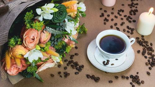 High angle view of coffee on table