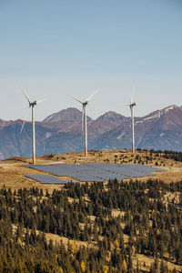 Wind turbines on land against sky