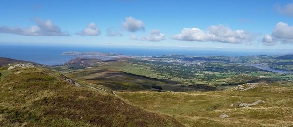 Scenic view of landscape and sea against sky