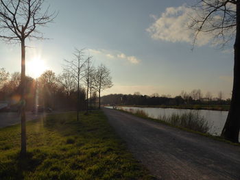 Road by trees against sky during sunset