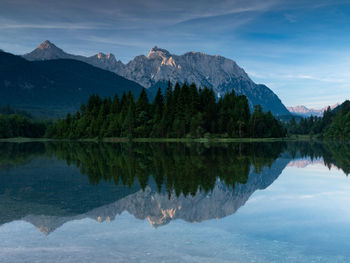 Scenic view of lake and mountains against sky