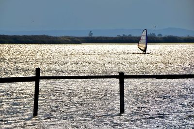 View in lake with windsurfer