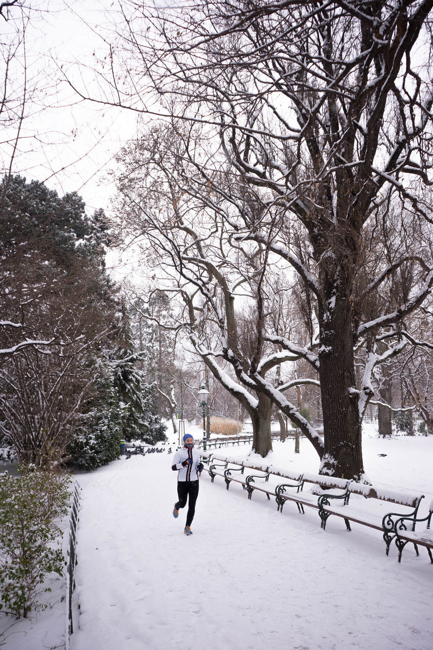 MAN WALKING ON SNOW COVERED LANDSCAPE