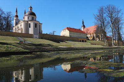 Reflection of building in lake against sky