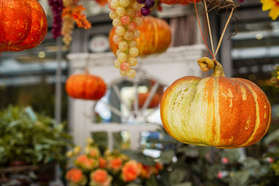 Autumn decoration with orange pumpkins at a flower shop on a street