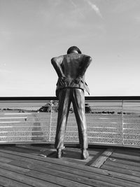 Rear view of man standing at beach against sky