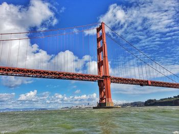 Low angle view of suspension bridge against cloudy sky