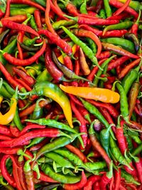 Full frame shot of red, green, and yellow chili peppers