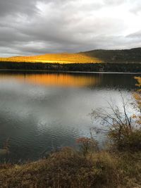 Scenic view of lake against sky at sunset