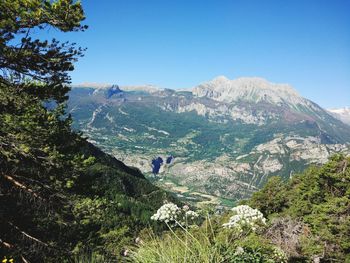 Scenic view of mountains against clear sky