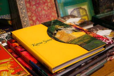 High angle view of books on table