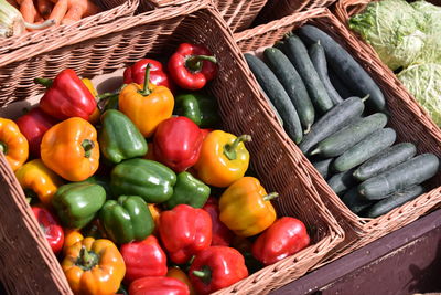 High angle view of bell peppers in basket