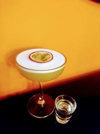 High angle view of beer glass on table