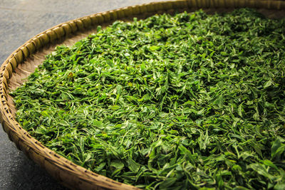 High angle view of leaves in basket