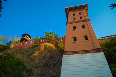 Low angle view of building against clear blue sky