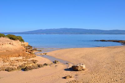 Scenic view of beach against clear blue sky