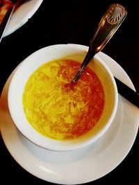 High angle view of soup in bowl on table