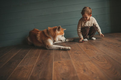 Candid authentic happy little boy in knitted beige sweater hugs dog with bow tie at home on xmas