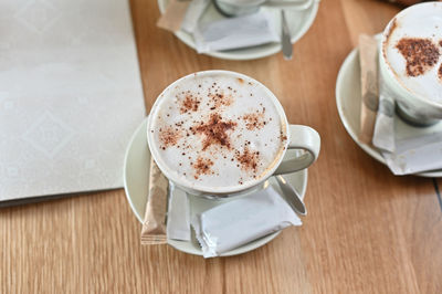 High angle view of coffee on table