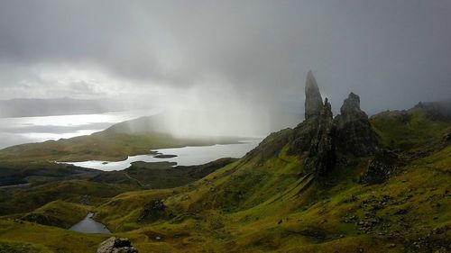 Scenic view of mountains against cloudy sky