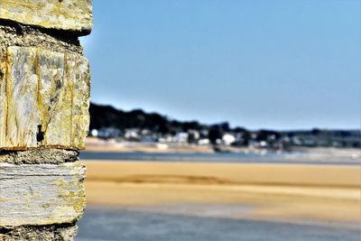 Close-up of rock on beach against clear sky