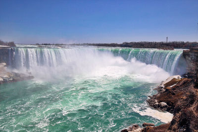 Scenic view of waterfall against clear sky