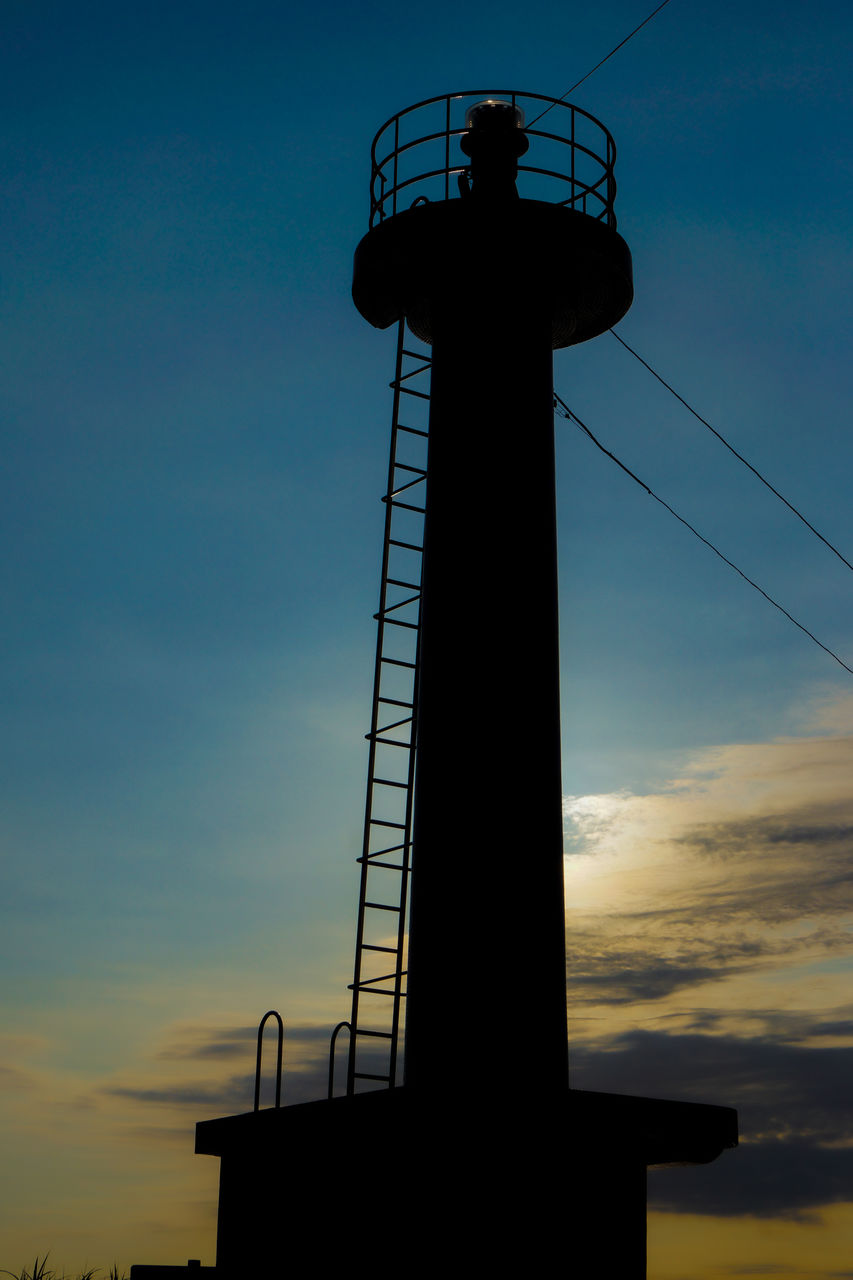 sky, lighthouse, tower, architecture, built structure, silhouette, building exterior, cloud, sunset, guidance, nature, observation tower, low angle view, no people, security, protection, dusk, technology, building, outdoors, communication, blue, industry