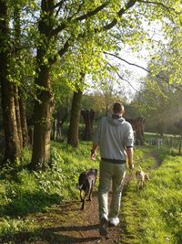 Full length of man walking with dog on grass