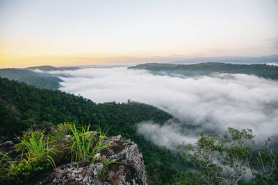 High angle view of mountains against sky during sunset