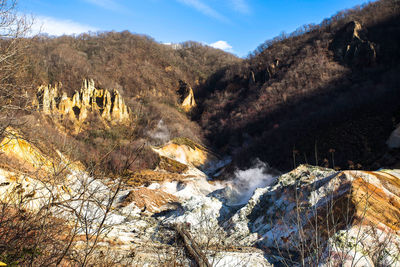 Scenic view of rocks and trees against sky