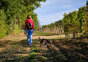 Rear view of woman walking on field