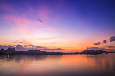 Scenic view of lake against sky at sunset