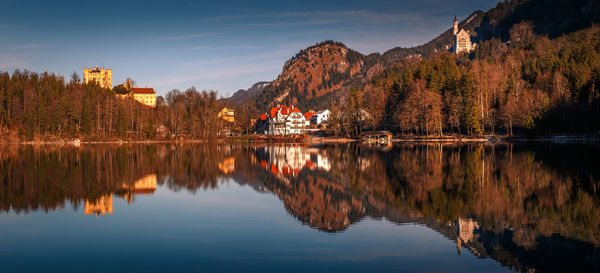 Reflection of trees in lake against sky