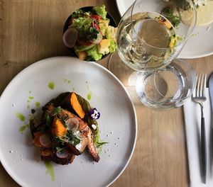 High angle view of seafood in plate on table