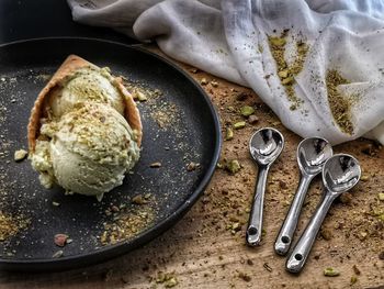 High angle view of ice cream on table