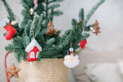 Close-up of christmas decorations hanging on tree