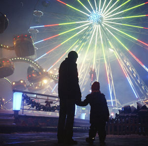 Silhouette people standing by illuminated ferris wheel against sky at night