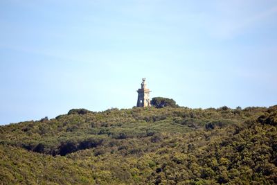 Lighthouse on hill against blue sky