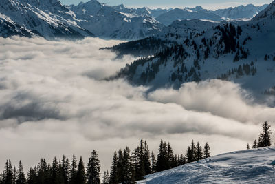 Scenic view of snowcapped mountain against cloudy sky