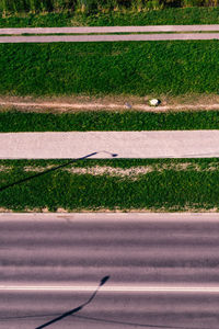 Road marking on field by city street